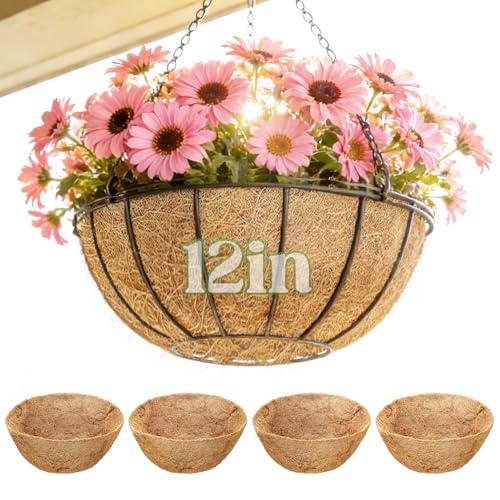 ANPHSIN 4Pcs 12inch Coconut Liners for Hanging Baskets Planters - Made of 100% Natural Coco Coir Fiber, Thick Breathable Round Liner for Outdoor Porch Garden Flower - size: 12in