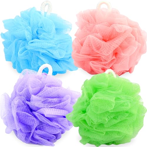 Premium Loofah Bath Sponge 4 Pack – Full-Size 60g (5.5 Inch) Colorful Mesh Shower Poufs, Soft & Gentle Body Scrubbers for Women, Men & Kids with Cotton Rope (Tropical Escape) - color: Tropical Escape