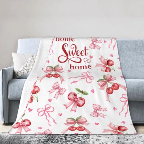 Pink Cherry Throw Blanket, Summer Fruit Retro Red Ribbon Sweet Home Seasonal Warm Cozy Farmhouse Flannel Soft Blanket for Couch Chair Sofa Bed Bedroom Living Room Car Camping 30"x 40" - color: Cherry01, size: 30X40 inch