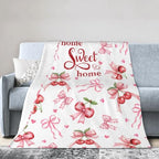 Pink Cherry Throw Blanket, Summer Fruit Retro Red Ribbon Sweet Home Seasonal Warm Cozy Farmhouse Flannel Soft Blanket for Couch Chair Sofa Bed Bedroom Living Room Car Camping 30"x 40" - color: Cherry01, size: 30X40 inch
