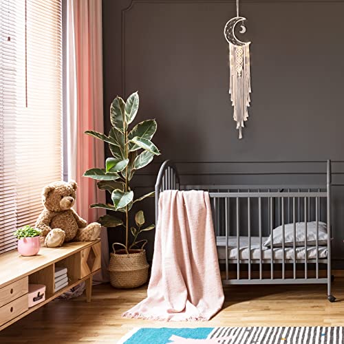 Boho Macrame Woven Wall Hanging, Crochet Crescent Moon Star Dream Catcher with Long Tassel- White Cotton Handmade Bohemian Home Decor Decoration Art Craft for Kids Bedroom Dorm Room - color: Cream White, size: Without Light