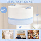 67L Large Blanket Basket, 20"x13" Blanket Basket Living Room, Woven Baskets With Handle, Toy Baskets for Blankets, Nursery, Dog, Pillow, Gift (White & Blue) - color: White & Blue, size: 67L