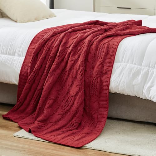 Amélie Home Chunky Knit Throw Blanket, Reversible Soft Chenille Breathable Cable Knitted Blanket for Couch and Sofa, Farmhouse Decorative Throw for Chair, 50"x60", Christmas Red - color: Christmas Red, size: Cable Knit 50"x60"