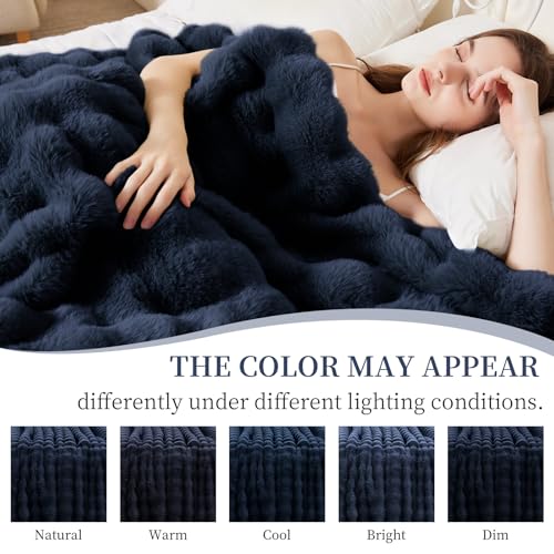 Faux Rabbit Fur Throw Blanket for Couch, Fluffy Warm Plush Thick Bubble Blanket for Bed Sofa Living Room, Soft Cozy Furry Blanket, 50x60 inches, Navy Blue - color: Navy Blue, size: Throw50"x60"
