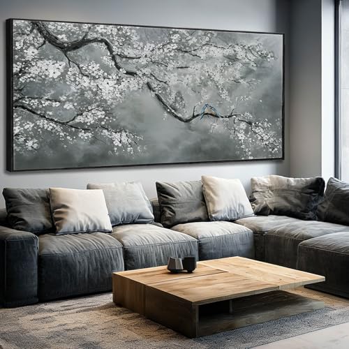 Artexist Modern Hand Painted Wall Art Black and White Home Wall Decor Plant Canvas Painting 40"x86" Large Pictures for Living Room Bedroom - color: Grey, size: 86"L x 40"W