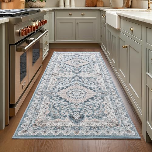 Foxmas Hallway Runner Rug, 2x6 Vintage Kitchen Runner Area Rugs Non Skid Washable, Low Pile Throw Rugs with Rubber Backing Carpet for Laundry Room Entryway Bedroom Home Decor, Blue - color: Blue, size: 2' X 6' (Runner)