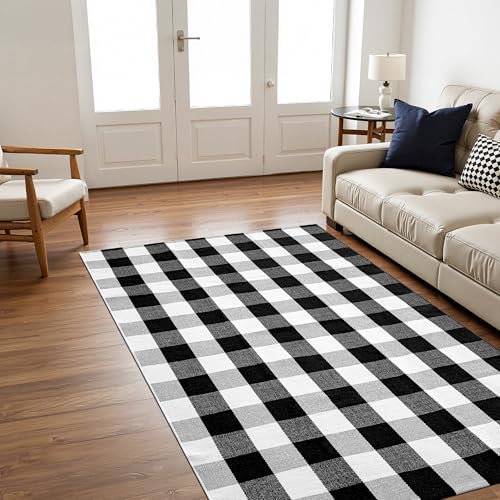 joybest Buffalo Plaid Rug 4 x 6 ft Black and White Checkered Area Rug Cotton Hand-Woven Indoor Outdoor Rugs Carpet for Patio, Living Room, Dining Room, Bedroom - size: 4' x 6' (Rectangular)