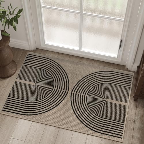 Rugalia Easy Jute Rainbow Entryway Rug, 2x3 Washable Non-Slip Indoor Outdoor Doormat, Black Nature Boho Farmhouse Small Kitchen Rug Modern Abstract Throw Rugs for Entrance Bedroom Bathroom - color: Nature/Black Rainbow, size: 2' x 3' (Rectangular)
