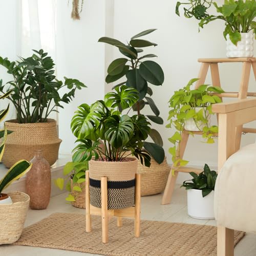 Plant Basket with Stand Indoor Planter Pot Holder Sturdy Jute Rope Modern Woven Basket, Cotton Rope Woven Pot with Bamboo Stand(7.87 Inch,Black and Beige Stripes) - color: Black and Beige Stripes, size: 7.87 Inch