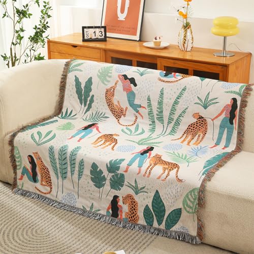 LumiSyne Double-Sided Cotton Woven Throw Blanket with Tassel Jungle Bohemian Style Tapestry Shawl Multi-Function Decorative Throws for Sofa Bed Armchair Camping Blanket Tablecloth Carpet 160x130cm - color: Cheetah Glimpse