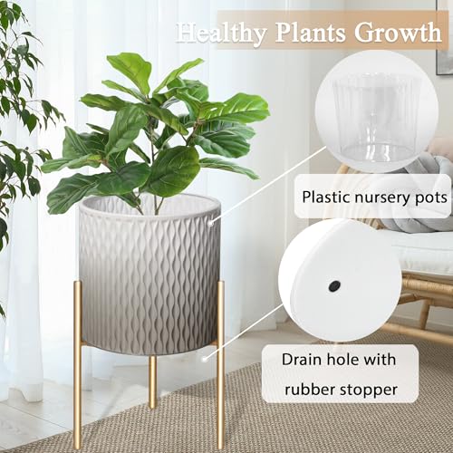 ARNIS Plants Pots with Stand,Set of 2 Flower Pots, Unique Mid Century Decorative Metal Flower Pots with Drainage,10.5&12.25 Inch, Grey and White - color: Grey & White, size: 10.5 &12.25