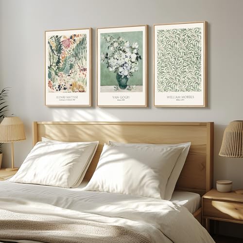 Framed Large Van Gogh Wall Art for Living Room, 3 Pieces Vintage Sage Green Canvas Painting Artwork for Walls, Botanical Wall Art Prints for Bedroom, Guest Room, Hallway, Home Office Wall Decor, 16x24 Inch - color: Sage Green, size: 16"W x 24" H x 3Pcs