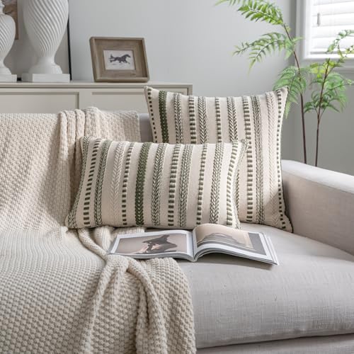 Cethom Green Boho Throw Pillow Covers 12x20 Inch Set of 2, Stripe Textured Decorative Couch Pillow Cases for Bed, Sofa, Living Room, Bedroom, Farmhouse Home Accent Cushion Covers - color: Green, size: 20" x 12" (Pack of 2)