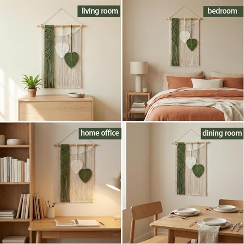 SunsprieJoy Macrame Wall Hanging, Boho Wall Decor Handmade Yarn Woven Leaf Tapestry, Modern Wall Art for Bedroom Nursery Kitchen Dining Room Bathroom, Home Decoration Gift for Women – Green - style: Vertical Leaf