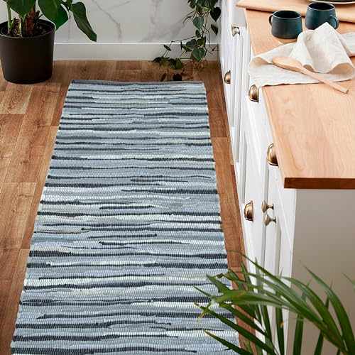 Cotton Hand Woven Chindi Runner Rug 2x6 Feet - Charcoal, Farmhouse Stripe Soft Area Floor Runners Ideal for Hallways, Kitchen, Nursery | Grey Decorative Reversible Indoor Space Mat for Bedroom - color: Charcoal, size: 2' x 6' (Runner)