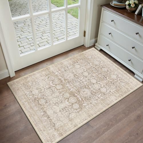 2x3 Beige Washable Neutral Area Rug for Entryway Non Slip Soft Thin Throw Rug Floral Durable Low Pile Carpet Modern Stain Resistant Door Mat for Living Room Laundry Kitchen Office Playroom - color: Accent | Beige, size: 2'x3'