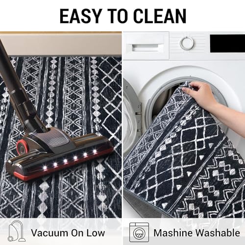 KUTA Moroccan Boho Entryway Rug, 2x3 Black Entrance Small Area Rug Non-Slip Washable, Ultra Soft Vintage Geometric Low-Pile Indoor Door Mat Floor Carpet for Kitchen - color: Black Navy Blue/White, size: 2' x 3' (Rectangular)