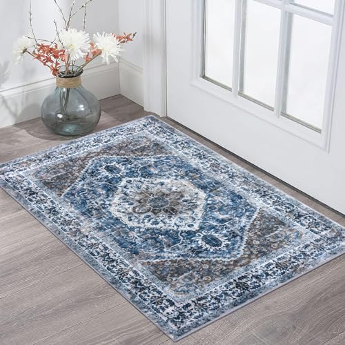 KOZYFLY Small Area Rug 2x3 Ft Rugs for Entryway Washable Boho Entry Rug Non Slip Door Mat Indoor Entrance Blue Printed Faux Wool Vintage Printed Kitchen Rug Throw Rugs for Entrance Kitchen Bathroom - color: Blue/Brown/White, size: 2' x 3' (Rectangular)