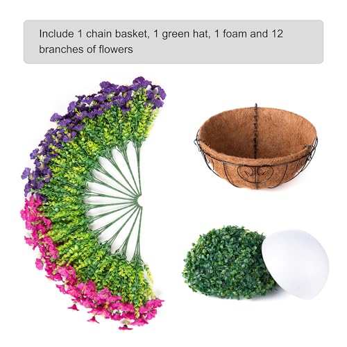 Artificial Faux Hanging Flowers Plants Basket for Spring Summer Outdoors Decoration, Silk Morning Glory with Eucalyptus Look Real UV Resistant Fake Flowers for Outside Porch Patio Balcony Home, Mix - color: Purple-fuchsia