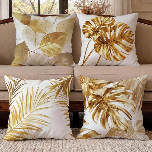 OBSEDE Golden Leaf Illustration Decorative Throw Pillow Covers 18 × 18 in, Set of 4, Couch Cushion Cases Inserts for Sofa Bed Living Room Home Decor, Single Side Print - color: Gilded Botanical Line Drawing, size: 18" x 18" (Pack of 4)