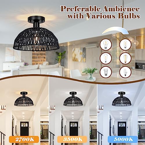Rattan Ceiling Light Fixtures 2 Packs-Black Rustic Woven Basket Flush Mount Ceiling Light, Handmade Wicker Ceiling Lamp, Rattan Chandelier For Kitchen Island, Hallway, Living Room, Bedroom, E26 Base - color: Black
