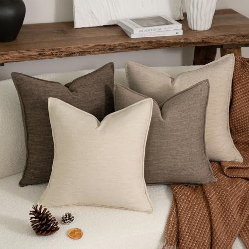 Chenille Linen Throw Pillow Covers 18x18 Set of 2, Thick Textured Boho Pillow Covers, Farmhouse Decorative Pillow Covers, Neutral Vintage Accent Covers for Couch Sofa Bed, Apricot - color: Apricot, size: 18" x 18" (Pack of 2)