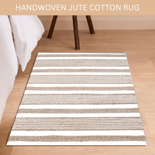 Area Rug Farmhouse 2x3 Feet - Hand Woven Jute Cotton Rug Bohemian Rustic Vintage - Non Slip Floor Rug for Bedroom Living Room Kitchen Dorm Entryway Hallway - Area Rug Natural White - color: Natural White, size: 2'x3'