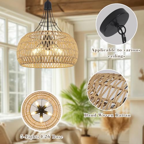 20" Rattan Farmhouse Chandeliers for Dining Room, 5-Light Boho Rattan Chandelier Light Fixtures with Woven Wicker Lampshade, Rustic Pendant Lighting for Kitchen Island, Living Room - color: Beige, size: 20 Inch