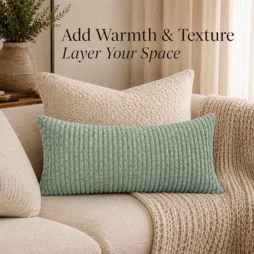 JoraLion 12x24 Boho Decorative Lumbar Throw Pillow Cover, Seafoam Green Cozy Soft Striped Corduroy Long Rectangle Cushion Case Accent Home Decor for Sofa Bed Room Livingroom, ONLY Cover - color: Seafoam Green, size: 24" x 12" (Pack of 1)