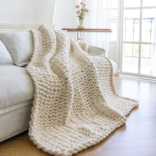 Chunky Knit Blanket - Luxury Soft Cozy 60 * 80 Throw Blanket, 100% Handmade Chenille Yarn Woven Blanket for Couch, Sofa, Home Decor, Gift - Machine Washable (Cream, 60 * 80) - color: Cream, size: 60*80
