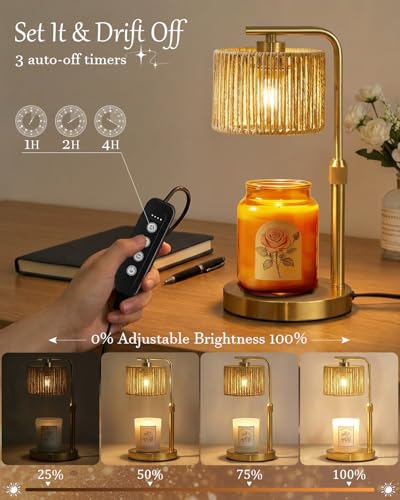 Candle Warmer Lamp, Timer Dimmable Candle Lamp, Adjustable Height and Brightness Gold Candle Warmer, Boho Rattan Lampshade and 2 Bulbs, Suitable for Home Decor, Birthday Gifts for Women Mom - color: Rattan-Gold