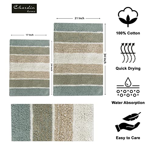 Chardin home Cordural Stripes Bath Mat, Set of 2 Bath Rugs (17 Inches x24 Inches & 21 Inches x34 Inches) | Non Slip Bathroom Rug, Machine Washable, Plush, Highly Absorbent | Bluish Gray- Beige - color: Gray-beige