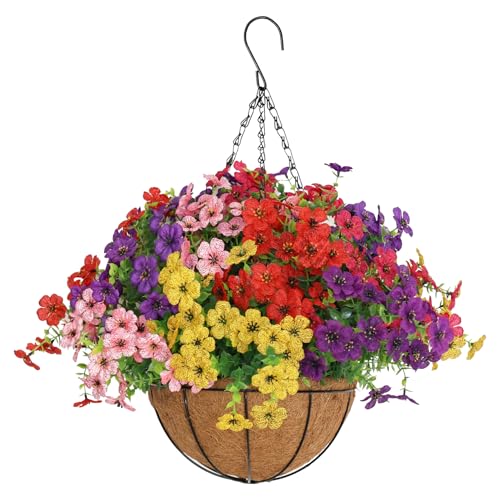 Senjie 12 Bundles Artificial Hanging Flowers with Basket for Outdoor Decor, UV Resistant Faux Flowers Fake Hanging Planter for Porch Patio Balcony - color: Mix 6 Color