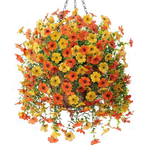 Artificial Fake Hanging Flowers Plants with Basket for Outdoor Decor, Fake Daisy Flower Plants No Fade Plastic Faux Silk Hanging Flowers Spring Decoration for Outside Garden Porch Patio(Yellow Orange) - color: Gyellow Orange