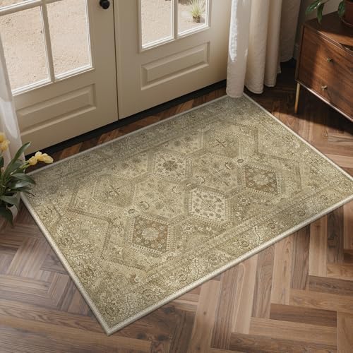 Bavni 2x3 Entryway Rug for Front Door Bathroom, Washable Vintage Print Carpet, Low Pile Lightweight Rug with Non Slip Backing, Light Brown - color: Area Brown, size: 2' x 3' (Rectangular)