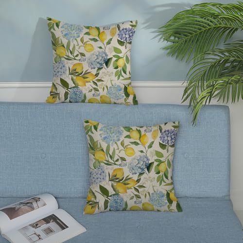 Blue Yellow Pillow Covers 16x16 Inch 2 Pcs Blue Hydrangea Floral Decor Throw Pillows Vintage Lemon Flower Seasonal Summer Outdoor Decoration Pillowcase Linen Cushion Cover for Couch Sofa - color: Blue Yellow Hydrangea Lemon Flower, size: 16" x 16" (Pack o