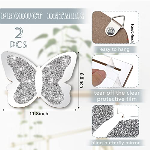 Vesici 2 Pieces Butterfly Shaped Mirror Crystal Crushed Diamond Silver Mirror Silver Wall Decor for Living Room Modern Decorative Artwork for Nursery Wedding Decor(11.8 x 8.8 Inch) - size: 11.8 x 8.8 Inch