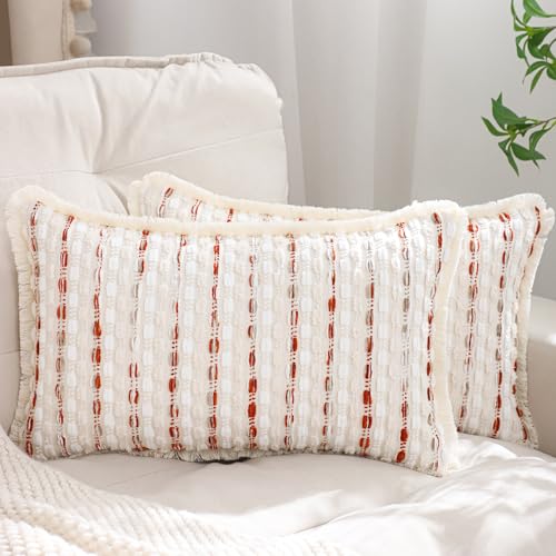 LUOYEHK Chenille Striped Throw Pillow Covers 12x20 Inch Set of 2 Boho Decorative Pillowcases with Fringe Farmhouse Neutral Orange White Cushion Covers for Couch Sofa Bed Living Room - color: Orange White, size: 20" x 12" (Pack of 2)
