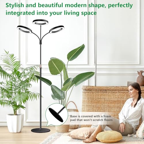 Aumtrly Grow Lights for Indoor Plants, 3 Head Full Spectrum Plant Light with 68" Adjustable Stand for Growing Large Tall Plants, Black Halo Floor LED Grow Lamp with 16 Hour Timer - size: 3 head 68inch/black