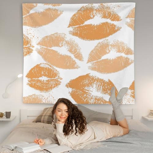 WNAGT Trendy Black and White Kiss Lips Tapestry Wall Hanging, Funky Makeup Wall Decor, Fashion Aesthetic Wall Blanket Decor for Girls Room College Dorm Makeup Room Beauty Room, 50x60 Inch - color: orange