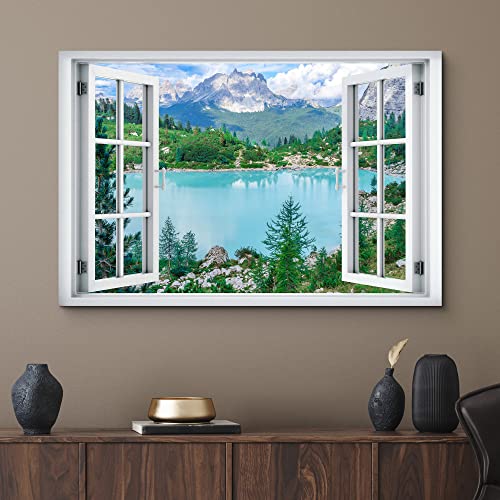 wall26 Canvas Print Wall Art Window View Colorado Forest Lake Mountain Range Wilderness Nature Photography Realism Scenic Landscape Colorful Multicolor for Living Room, Bedroom, Office - 12"x18" - color: A40-2204-slm14, size: 18"L x 12"W