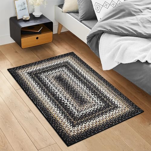 ROYHOME Small Area Rug 2x4 Indoor Non-Slip Entryway Mat Braided Print Area Rugs Boho Accent Rug Farmhouse Washable Rug Modern Geometric Carpet for Living Room Bedroom Kitchen, Black - size: 2' x 4' (Rectangular)