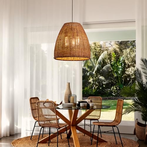 Farmhouse Rattan Chandelier 16.6" 3-Lights Boho Hand Woven Pendant Lights Wicker Dining Room Light Coastal Hanging Lighting Fixtures for Living Room Bedroom Kitchen Sink Restaurant Entryway Foyer - color: Brown-D-16.6IN