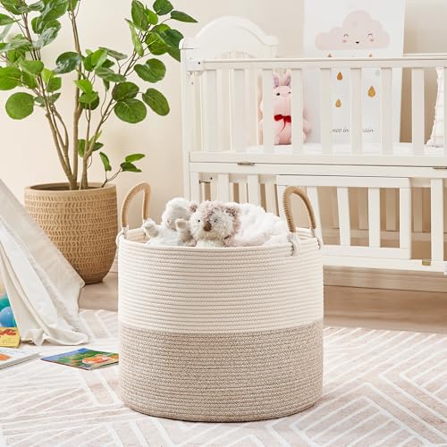 KAKAMAY Large Blanket Basket (18"x18"x16"), Woven Baby Laundry Hamper for Storage, Cotton Rope Basket for Nursery, Laundry, Living Room, Pillows, Baby Toy Chest with Handles (Black Stripes) - color: Brown and White