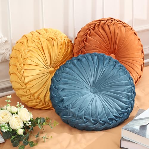 Drydiet 3 Pcs Round Throw Velvet Pillows Decorative Pleated Throw Pillows Diameter Accent Pumpkin Boho Chair Cushion for Couch Sofa Home Decoration (Yellow,Brunt Orange,Blue,15'') - color: Yellow,brunt Orange,blue, size: 15''