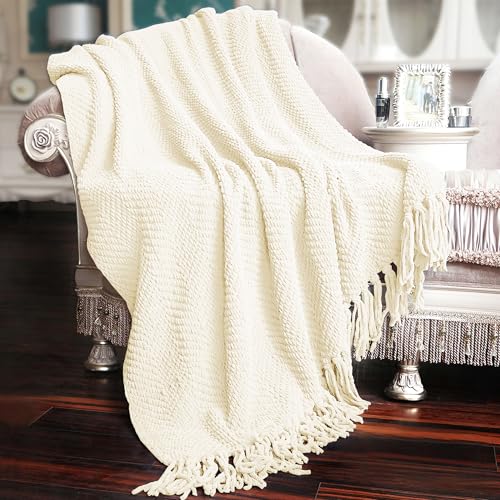 Home Soft Things White Throw Blanket Knitted Tweed Throw 50'' x 60'', Antique White, Super Soft Cozy Warm Comfortable Breathable Throw for Living Room Chair Couch Bed Sofa Bedroom Home Décor - color: Antique White, size: 50 in x 60 in