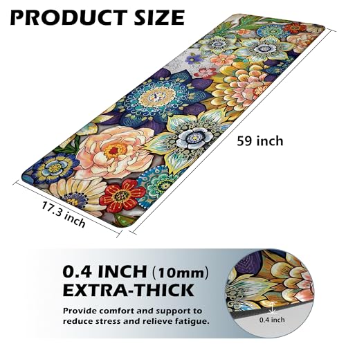 Floral Long Kitchen Runner Rug for Floor, Boho Cushioned Anti-Fatigue, Non-Slip Standing Desk, Waterproof Comfort Mat for Sink, Office, Laundry, 17.3x59 Inch - color: Colorful Boho Floral, size: 17.3"x59"-0.40Th