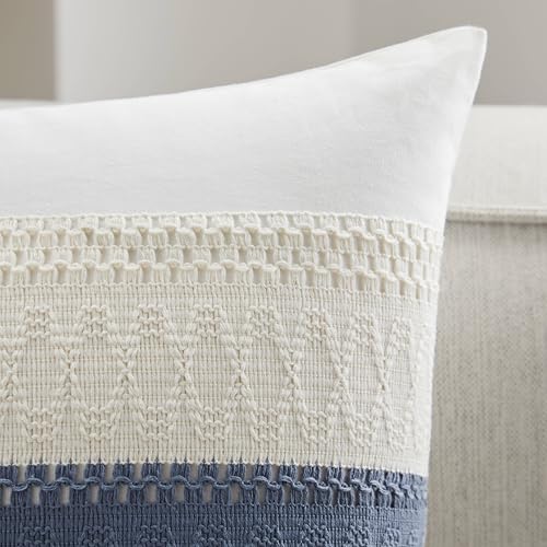 Soft Cotton Boho Throw Pillow Covers Set of 2, Natural White/Contrast Blue 22x22 Inch, Blue Farmhouse Decorative Cushion Covers for Sofa Bed Living Room Home Decor - color: Natural White/Contrast/Blue, size: 22" x 22" (Pack of 2)