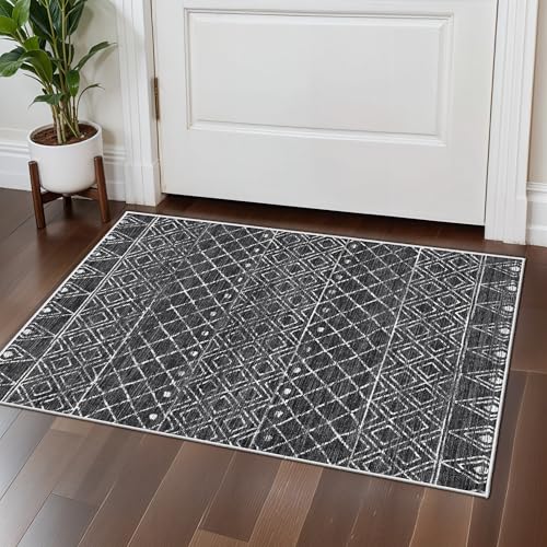 Black Moroccan 2x3 Entryway Small Area Rug | Machine Washable Low Pile Thin Non Slip Indoor Carpet, Pet Friendly, Fits Front Door, Farmhouse Decor for Kitchen, Bedroom - color: Black, size: 2' x 3' (Rectangular)