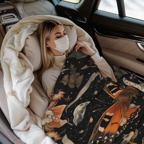 Orange Butterfly Moon Flower Throw Blanket, 320gsm Boho Mushroom Blanket Fluffy Cozy Soft Warm Plush Decorative Gifts for Women Men Kids, Blankets Quilt for Bed Sofa Chair Couch (50"x40") - color: Mushrooms Butterfly, size: 50"x40"